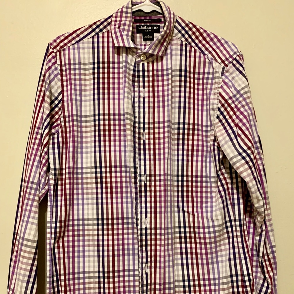 Claiborne slim fit purple / pink plaid shirt